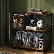 Huxitocan 3 Tier Record Player Stand Holds Up to 300 Albums with 4 Adjustable Divider for Turntable Stand, Large Vintage Record Player Table with Vinyl Record Holder Cabinet-Patent Pending