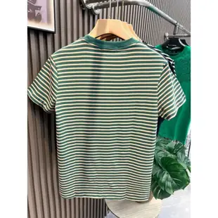 綠色橫條紋短袖T恤男2023年新款純棉刺繡體恤時尚潮牌ins潮流上衣