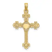 14K Yellow Gold Beaded Tip Cross W/ Heart Center Charm