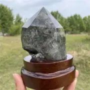 880g Natural Phantom Ghost Quartz Obelisk Quartz Cystal Point Wand Tower + Stand