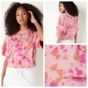 VS VICTORIAS SECRET PINK SHORT SLEEVE CROP TEE TOP SWEATSHIRT PEACH TIE DYE L