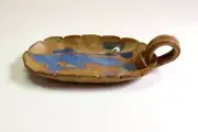 Handcrafted Art Pottery BUTTER DISH Handled Server, Unique Brown & Blue w/ Shell