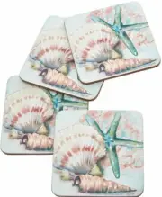 Set of 4 Ceramic Coasters,cork backed,4x4",SEALIFE,SEASHELL & STARFISH,CALA HOME