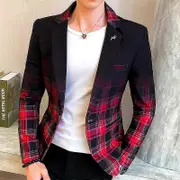 Men Blazer Colorblock Plaid Blazer Men Slim Casual Man Blazers Wedding Business Party Clothing Dress Men Coats red XL