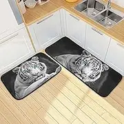 Kitchen Mats for Floor, 2 Piece, Blue Eye White Bengal Funny Cute Washable Non-Slip Kitchen Rugs Set for Home & Office, Sink, Laundry, 19.7” x 27.6” + 19.7” + 47.2”