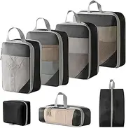 oolong 7pcs Compression Packing Cubes,Mesh transparentLuggage Suitcase Organizer Bags,Extensible Travel Packing, S/M/L/XL Travel Compression Bags with washing bag Suitcase Accessories