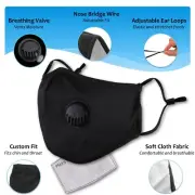 Reusable Washable Face Mask Breathing Air Valve + PM2.5 Carbon Filter (Black)