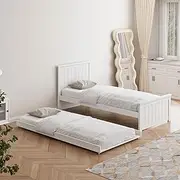 OIKITURE Wooden Bed Frame Single Size, Daybed with Trundle, Platform Bed Base Fits Australian Mattress, 190x91cm, Bed Frame Home Furniture for Toddler, Kids and Adults,White