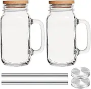 2Pcs Drinking Glasses Kit 700ML Large Capacity Drinking Cup with Bamboo Wood Lids and Stainless Steel Straws Multifunctional Beer Glass Tumbler with Handle for Soda Coffee Tea Juice