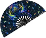 Ravevibes 13" Large Rave Fan Folding Hand Fan, Bamboo Festival Clack Fan Foldable UV Glow Edm Fans For Rave Outfits Accessories Performance Dance Party For Men Women, Alien