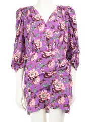 Purple Silk Floral V-Neck Mini Dress