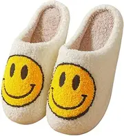 [Leona Co] Smiley Face Slippers for Women,Retro Soft Plush Lightweight House Slippers Slip-on Cozy Indoor Outdoor Slippers,Slip on Anti-Skid Sole