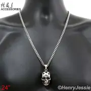 24"MEN Stainless Steel 5mm Silver Cuban Curb Link Chain Skull Head Pendant*P84