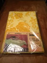 Vintage Vinyl Flannel Back Table Cloth Gold Roses 52”x70” New Old Stock Kmart