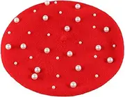 [Yardenfun] Women's Pearl Beret Cashmere Hat Beaded Rivet Wool Beret for Outdoor Activities Compact Design Red