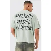 Mens Khaki Boxy Back Print Worldwide Washed T-shirt