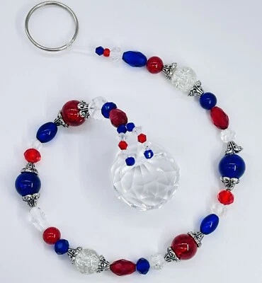 Beaded Suncatcher Red Blue Clear Crystal Prism Hanging Patio Decor Yard Art