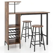 Giantex 3PCS Bar Table & Stool Set 120cm Counter Height Dining Table Set w/Glass Holders & Wine Rack Pub Table Set Brown