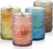 [POLIDREAM] 450ml Colored Hobnail Drinking Glasses Set of 4, Vintage Glassware Set, Embossed Beaded Glass Cups, Water Tumbler for Cocktail, Juice and Various - Dishwasher Safe（Does not Fade）