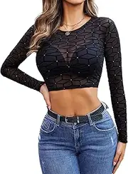 [Avidlove] Women Mesh Crop Top Long Sleeve See Through Shirt Sheer Blouse O Neck Clubwear