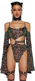 [Dolls Kill] Melodic Mistress Sequin Bodysuit by Club Exx – Iridescent Abalone Sequin Bodysuit with Bell Sleeves