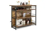 Costway 4-Tier Bar Table Dining Table Kitchen Storage Shelves Home Pub w/Glass Holders&Wine Rack Brown
