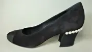 CHANEL 38 Black Suede Pearls Medium Stacked Heels Grosgrain Cap Toe CC Pumps NEW
