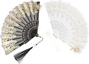 SAFIGLE 2pcs Vintage Lace Handheld Fans with Tassels Reusable Folding Fan for Dancing Wedding Photography Props Elegant Design
