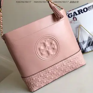 美國代購TORY BURCH 百搭  美國輕奢時尚 車線菱格羊皮 粉色單肩水桶包