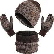 [Baynetin] Winter Hat Scarf Gloves Set 3pcs- Thermal Warm Knitted Beanie Cap Chunky Circle Scarf Stretchy Touchscreen Gloves Super Soft Fleece Inner Lining for Outdoor Sports Unisex
