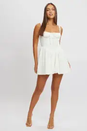 White Fit And Flare Dress Corset Detail Mini - Size 14L, Women's Skater Dress