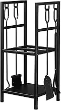 5in1 Firewood Storage Rack Fire Place Tool Kit Wrought Iron Firewood Log Storage Holder Firepit Tools Set for Fireplace, Fire Pit, Stove w/Hook, Broom, Shovel, Tongs - Black