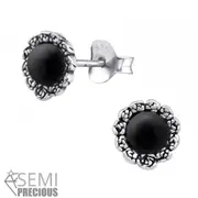 Silver Flower Earrings with Geniune Onyx Black Stone