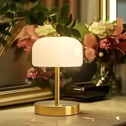 Oneach Portable Cordless Table Lamp, Rechargeable Battery Powered Lamp with Opal Glass Shade, 3-Way Dimmable LED Touch Mushroom Table Lamp for Bedroom, Bedside, Living Room, Dining Room, Patio, Gold