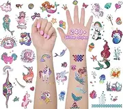 24 Sheets Glitter Mermaid & Unicorn Temporary Tattoos for Kids, Girls Waterproof Face Tattoo Stickers Kit 240+Pcs, Perfect for Slumber & Birthday Party Supplies, Themed Parties, As Gifts, Goodie Bags Fillers