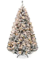 Pre-Lit Artificial Christmas Tree, 6ft Snow Flocked Design Pine Tree Metal Stand