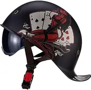 Vintage German Style Vintage Half Hel-Met Baseball Cap Black/Red Retro Motorcycle Hel-Met Half Skull Cap Cool Open-Face, Low Profile Moped Cruiser Scooter Hel-Met DOT Approved