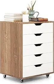 Giantex 5-Drawer Chest of Drawers, Wooden Dresser Chest, Mobile Lateral Filing Cabinet with Wheels, Uder Desk Drawer Tallboy Cabinet for Home Office Living Room (Natural)