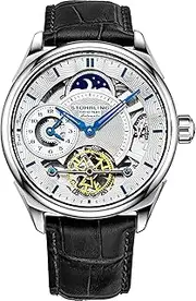 [Stührling] Men's Stainless Steel Automatic Mechanical Skeleton Movement Watch with Duel Time Dial AM/PM Display and Adjustable Stainless Steel Link Bracelet