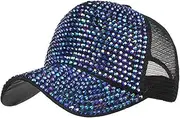 [HieoAnir] Women Men Studded Rhinestone Baseball Cap Adjustable Bling Ponytail Mesh Sun Hat Casual Sports