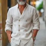 Men's Shirt Linen Shirt Band Collar Shirt Summer Shirt Beach Wear Button Up Shirt Plain Casual Daily Black White Blue Long Sleeve Band Collar Spring Summer Cl