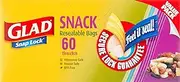 Glad Snap Lock Resealable Mini Snack Bags, BPA Free, Microwave & Freezer Safe, 60 Count