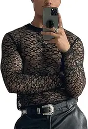 Men's T-Shirt Sexy Costume Mesh Semi See Through Long Sleeve Base Layer Lace Hollow Top