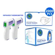 3-Ply Disposable Face Masks (2000 PCS) + 2x Infrared Thermometers Safety Pack