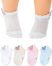 [IYOU] Baby Girls Toddler Socks Baby Summer Cotton Crew Socks Mesh Thin Sock for 6-12 Months (4 Pairs), White, 6-12 Months