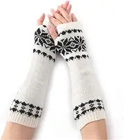 [Generic] Unisex Universal Autumn Winter Snowflake Pattern Knitted Wool Warm Cuffs Fingerless Arm Sleeves White