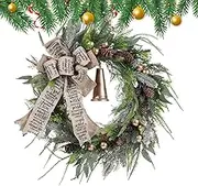 Christmas Front Door Wreath, Artificial Greenery Wreath with Bell, Christmas Garland with Bow Pine Cones Christmas Balls, Indoor Outdoor Decor