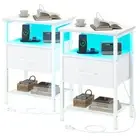 Night Stand Set 2, End Table with Charging Station, LED Bedside Table with Fa...