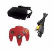 AC Adapter + Red Controller + AV Cable Cord Bundle for Nintendo 64 N64
