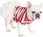 Moorfowl French Bulldog Tutu Dress Red White Stripes Vest Gauze Skirt for Pug Corgi Adorable Doggie Party Tulle Dress Fashion Casual Outfits (M(Back 12.59"-13.38",Chest 21.25"-22.83"))